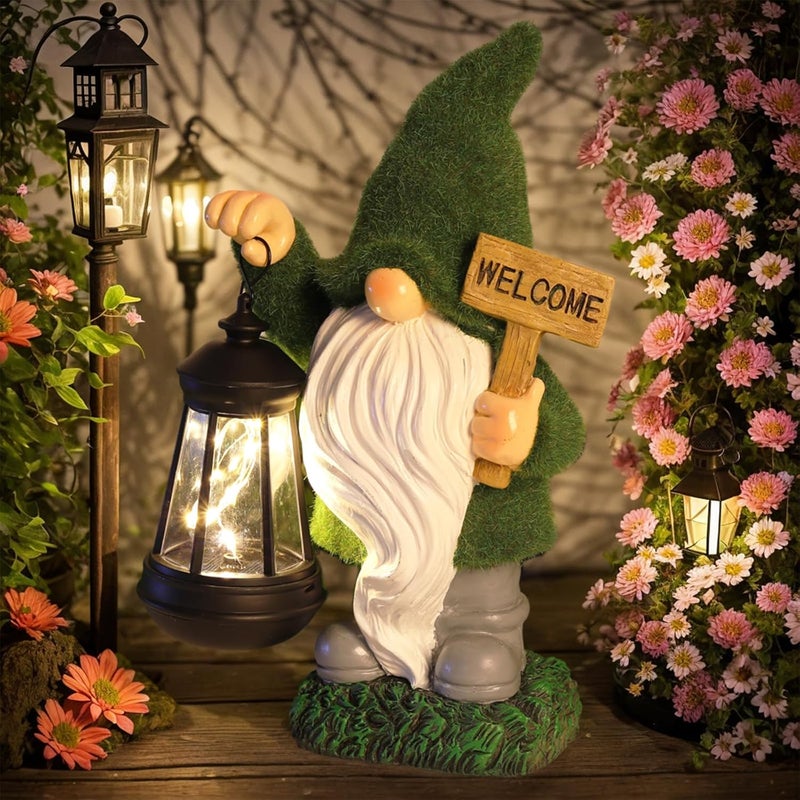 halp·ssfm Garden Gnome Statue Solar Light Outdoor Decorations Figurine Welcome Sign with Lantern Sculpture Garden Decor Lawn Patio Yard Porch Outside Housewarming Gifts for Women Mother's Day Grandma - Image 1